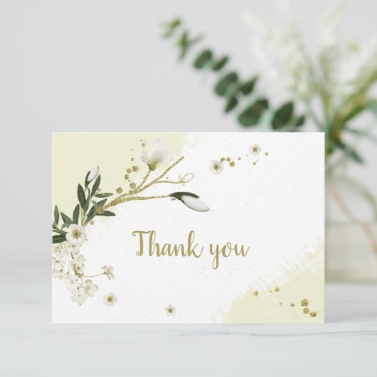 witte en goudbloemen groene bladeren botanische bedankkaart (Staand voorkant)