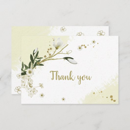 witte en goudbloemen groene bladeren botanische bedankkaart (Voorkant / Achterkant)