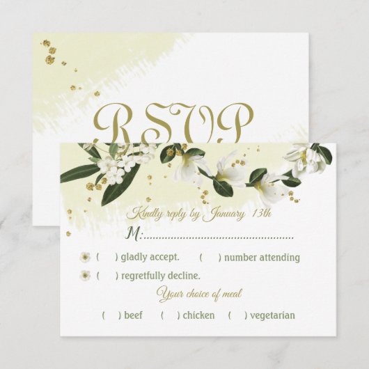 witte en goudbloemen groene bladeren kiezen RSVP kaartje (Voorkant / Achterkant)