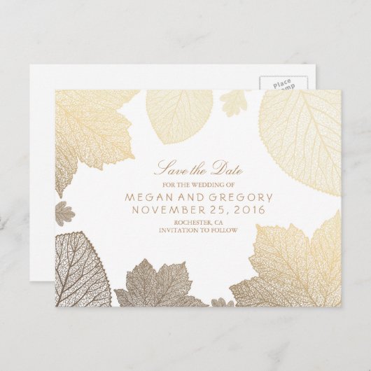 Witte en gouden bladeren herfst Save the date Aankondigingskaart (Voorkant / Achterkant)