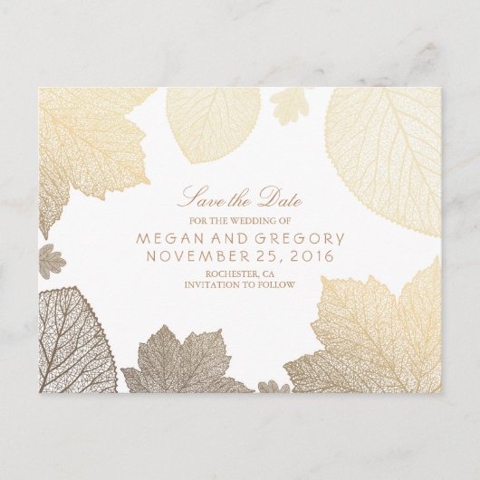 Witte en gouden bladeren herfst Save the date Aankondigingskaart (Voorkant)