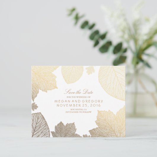Witte en gouden bladeren herfst Save the date Aankondigingskaart (Staand voorkant)