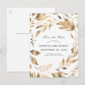 Witte en Gouden Bladeren Krans Save the Date Aankondigingskaart (Voorkant / Achterkant)