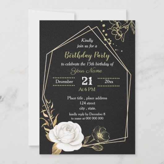 witte en gouden bloem zwarte verjaardagsfeest kaart (Voorkant)