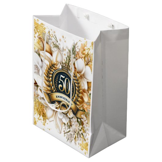 Witte en gouden bloemen 50e Jubileum Medium Cadeauzakje (Voorkant Gekanteld)