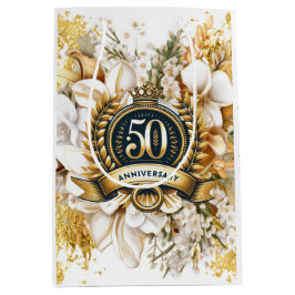 Witte en gouden bloemen 50e Jubileum Medium Cadeauzakje
