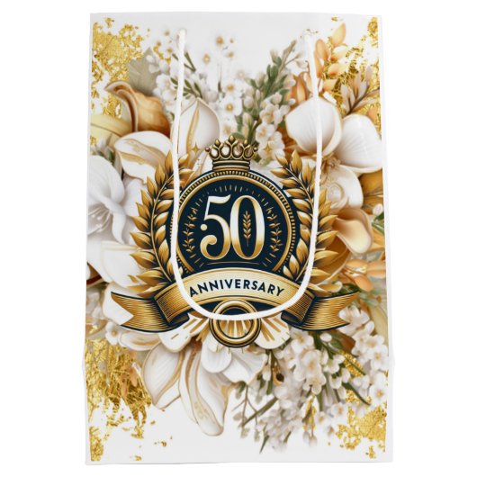 Witte en gouden bloemen 50e Jubileum Medium Cadeauzakje (Achterkant)