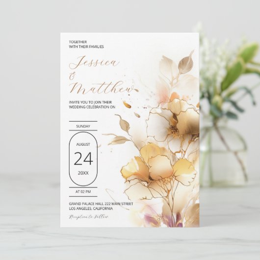 Witte en gouden bloemen bruiloft kaart (Staand voorkant)