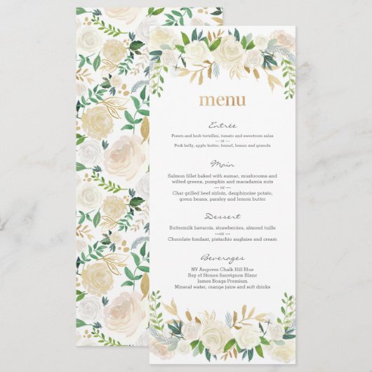 Witte en gouden bloemen bruiloft Menu Kaart (Voorkant / Achterkant)