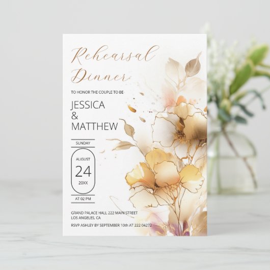 Witte en gouden bloemen bruiloft repetitie kaart (Staand voorkant)