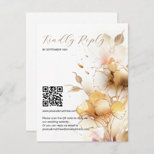 Witte en gouden bloemen bruiloft RSVP kaartje (Voorkant / Achterkant)