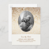 Witte en Gouden Bloemen Chic Foto Bewaar de Datum Aankondigingskaart (Voorkant / Achterkant)