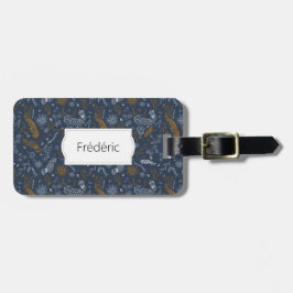 Witte en gouden bloemen doodles in blauw bagagelabel