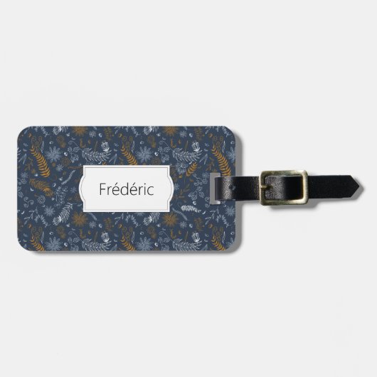 Witte en gouden bloemen doodles in blauw bagagelabel (Voorkant horizontaal)