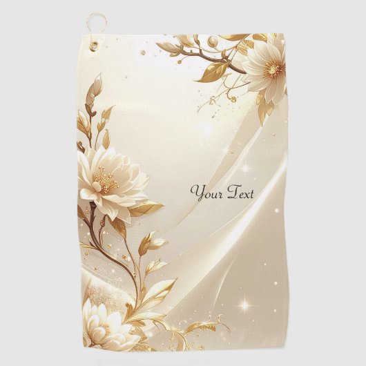 Witte en Gouden Bloemen Golf Handdoek (Voorkant)