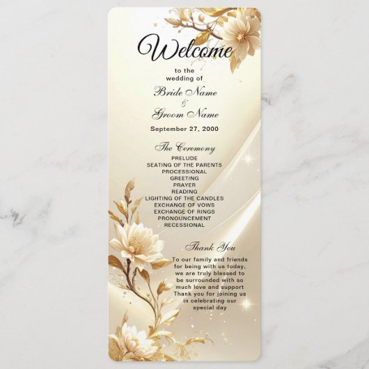Witte en Gouden Bloemen Huwelijksprogramma Programmakaart (Voorkant)