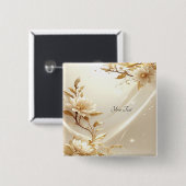 Witte en Gouden Bloemen Knop Vierkante Button 5,1 Cm (Voorkant /achterkant)