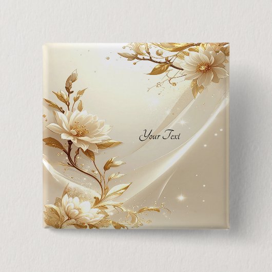 Witte en Gouden Bloemen Knop Vierkante Button 5,1 Cm (Voorkant)