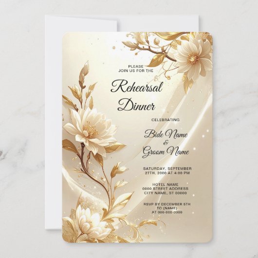 Witte en Gouden Bloemen Oefendiner Kaart (Voorkant)