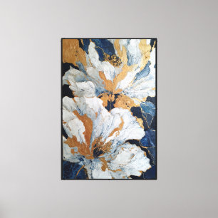 Witte en gouden bloemen op een donkerblauwe achter canvas afdruk