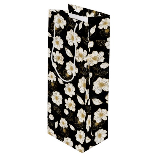 Witte en gouden bloemen op zwart wijn cadeautas (Voorkant Gekanteld)