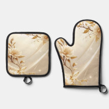 Witte en gouden bloemen ovenwant en pannenlap set