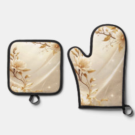 Witte en gouden bloemen ovenwant en pannenlap set