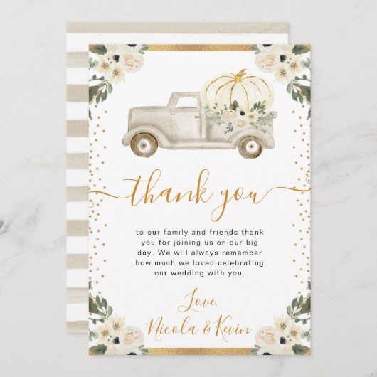 Witte en Gouden Bloemen Pompoen Truck Fall Wedding Bedankkaart (Voorkant / Achterkant)