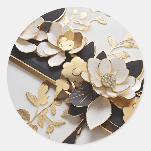 Witte en gouden bloemen ronde sticker (Voorkant)