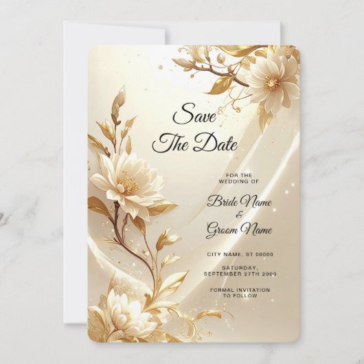 Witte en Gouden Bloemen Save The Date (Voorkant)