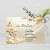 Witte en gouden bloemen Save The Date (Staand voorkant)