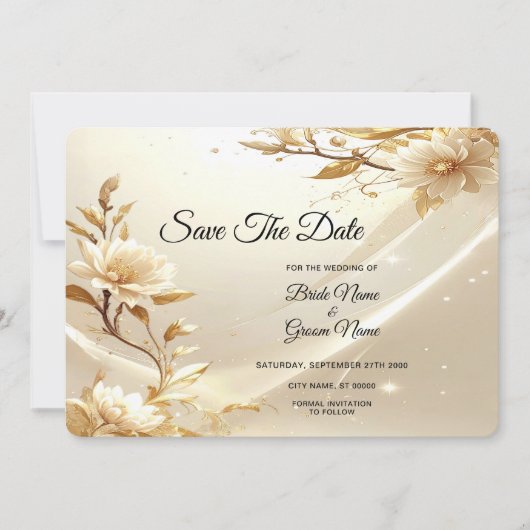 Witte en gouden bloemen Save The Date (Voorkant)