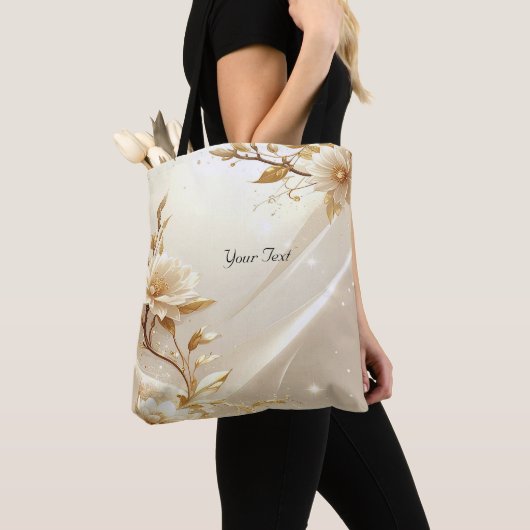 Witte en Gouden Bloemen Tote Tas (Dichtbij)