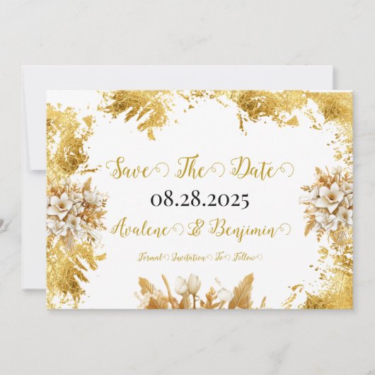 Witte en Gouden Bloemen Trouwen Save The Date Kaar Kaart (Voorkant)