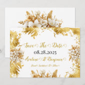 Witte en Gouden Bloemen Trouwen Save The Date Kaar Kaart (Voorkant / Achterkant)