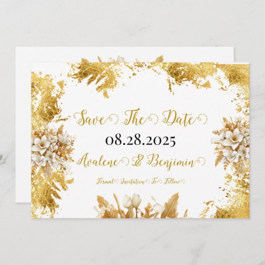 Witte en Gouden Bloemen Trouwen Save The Date Kaar Kaart (Voorkant / Achterkant)