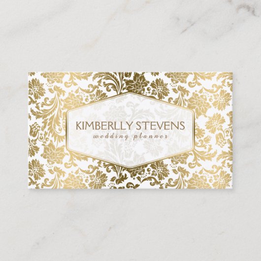 Witte en gouden bloemige  damast 4 visitekaartje (Voorkant)