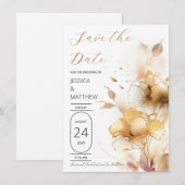 Witte en gouden bruidsbloemen save the date (Voorkant / Achterkant)