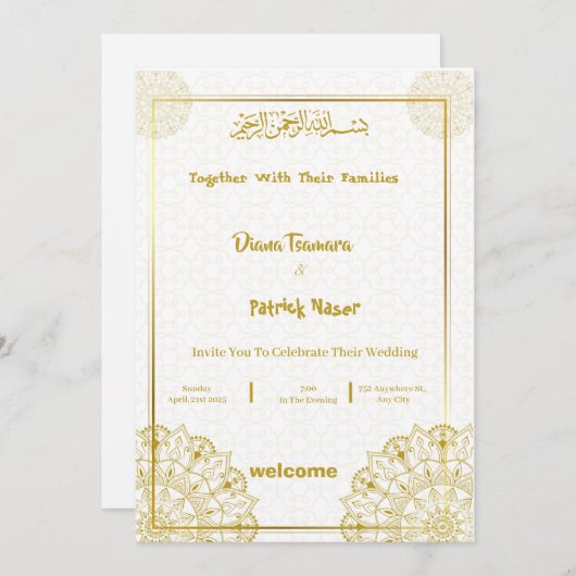 Witte en gouden bruiloft uitnodiging (Voorkant / Achterkant)