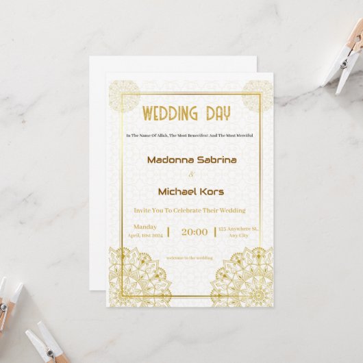 Witte en gouden bruiloft uitnodiging (Voorkant / Achterkant in situ)