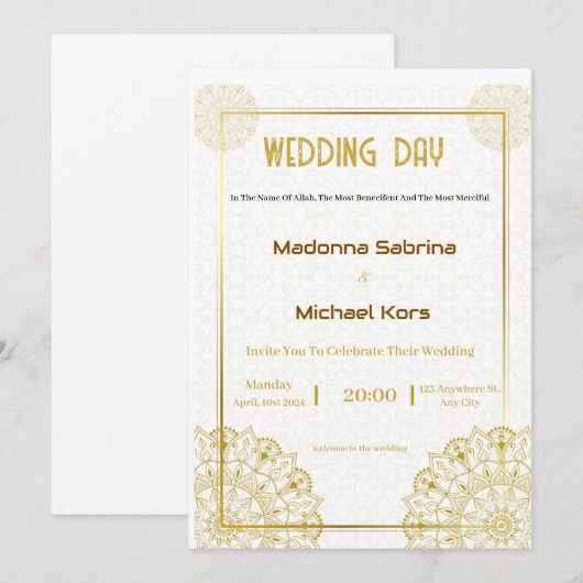 Witte en gouden bruiloft uitnodiging (Voorkant / Achterkant)