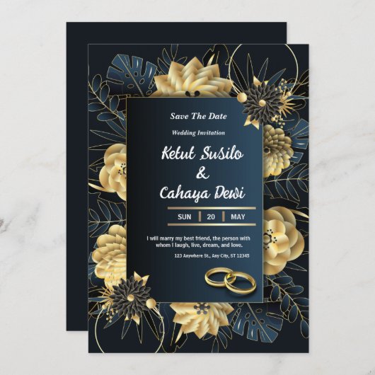 Witte en gouden bruiloft uitnodiging (Voorkant / Achterkant)