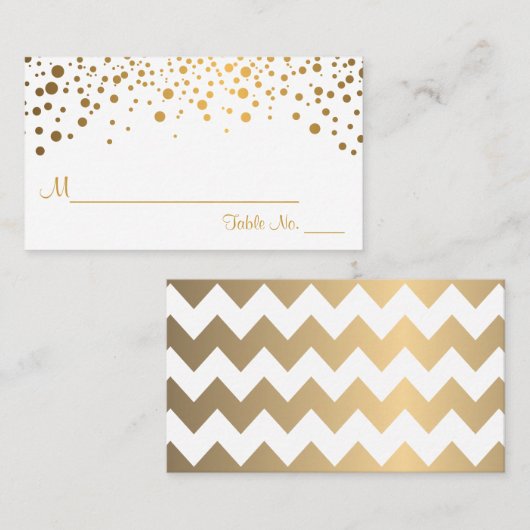 Witte en gouden Chevron en Confetti Stippen 2 Plaatskaartje (Voorkant / Achterkant)