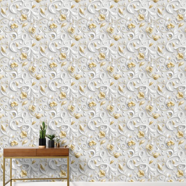 Witte en gouden decoratieve flora behang (Hal)
