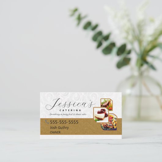 Witte en gouden Elegant Catering Visitekaartje (Staand voorkant)