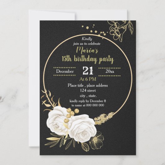 witte en gouden flora zwarte verjaardag kaart (Voorkant)