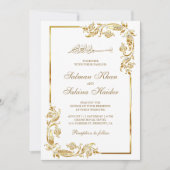 Witte en gouden Floral Border Islamic Wedding Kaart (Voorkant)