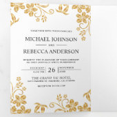 Witte en gouden folie Bloemen Bladeren Huwelijk Drieluik Uitnodiging (Binnenzijde eerst)