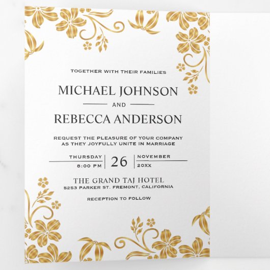 Witte en gouden folie Bloemen Bladeren Huwelijk Drieluik Uitnodiging (Binnenzijde eerst)