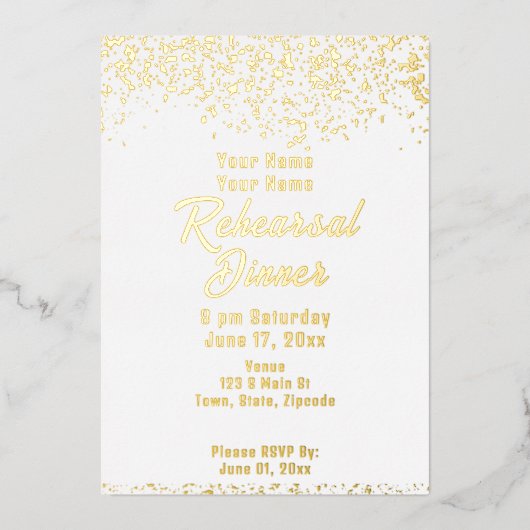 Witte en gouden folie repetitie diner uitnodiging (Voorkant)